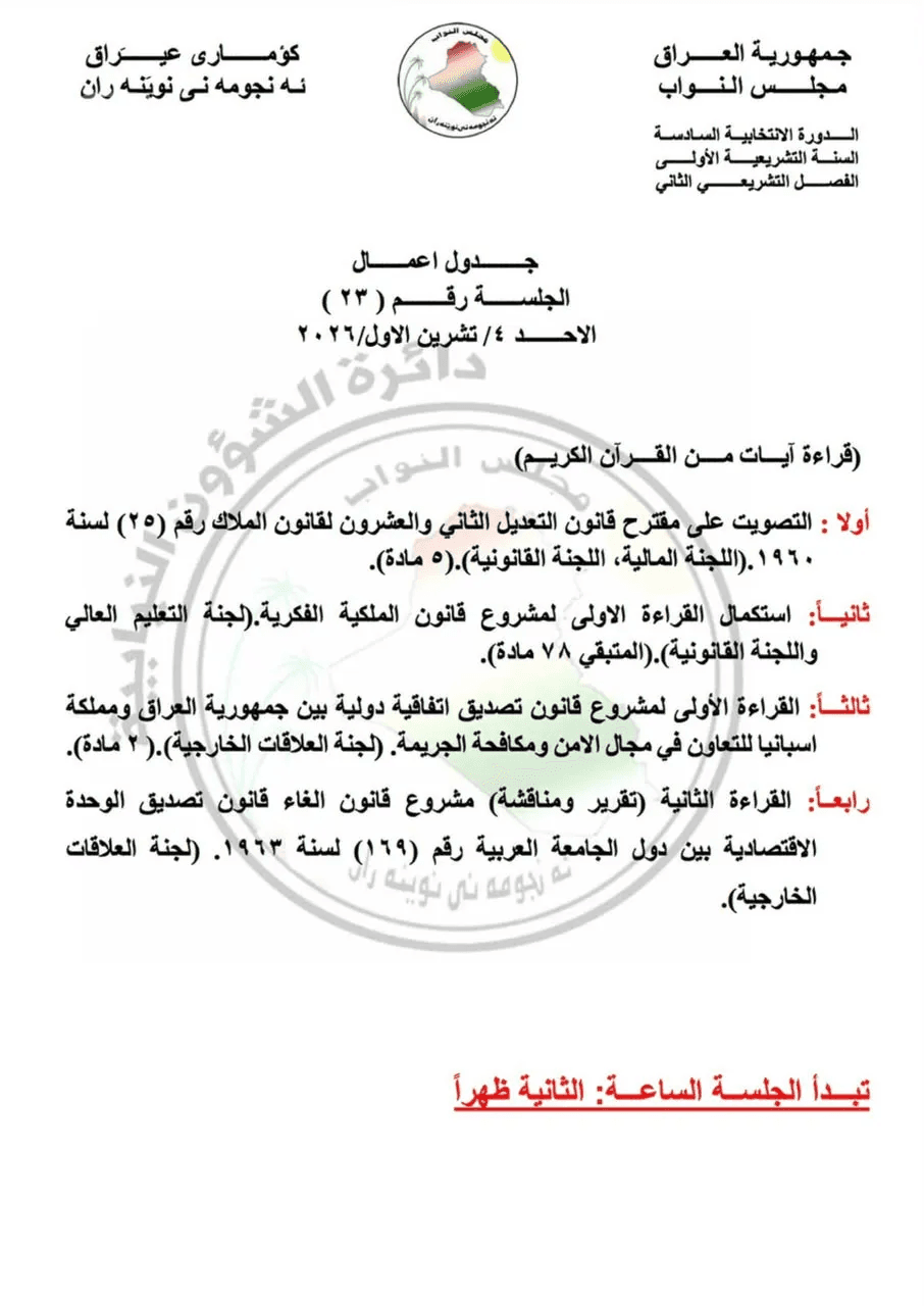 البرلمان يعلن جدول أعمال اجتماعي الأحد والاثنين