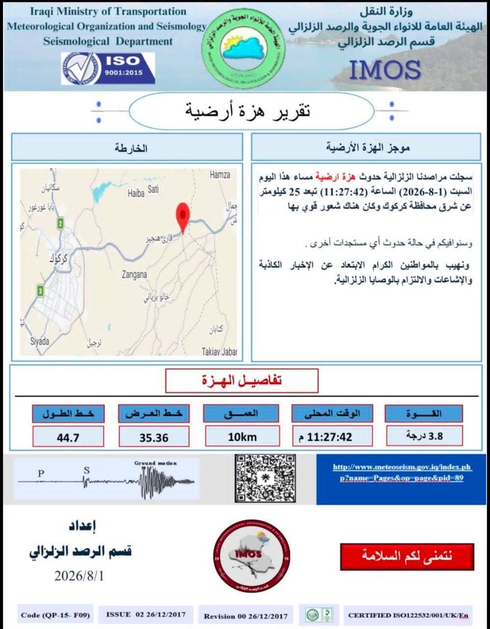 Earthquake of 3.8 hits eastern Kirkuk