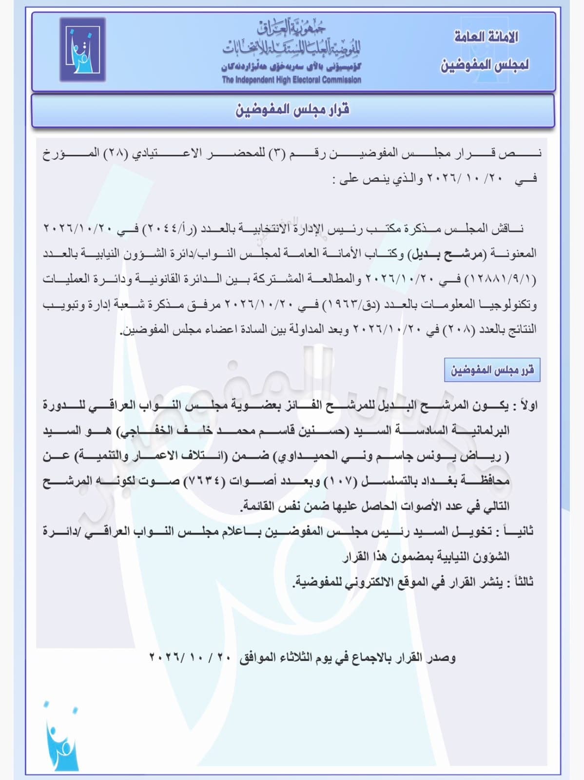 Commission replaces Hasneen Al-Khafaji with Riyad Al-Hamdaawi