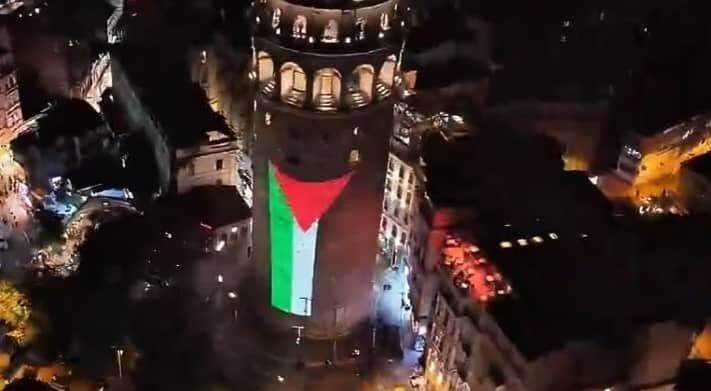 Galata Tower Displays Palestinian Flag