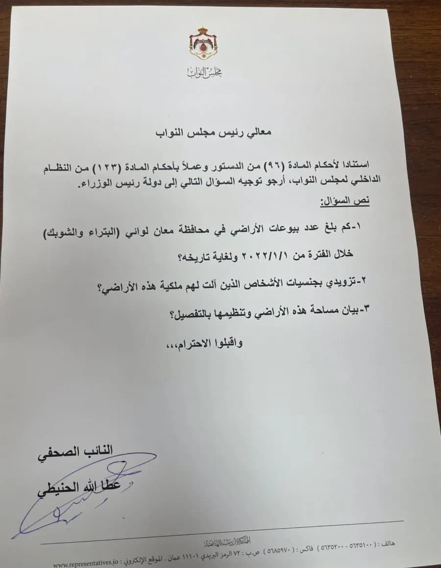 الحنيطي يسأل عن أراضي البتراء والشوبك منذ 2022