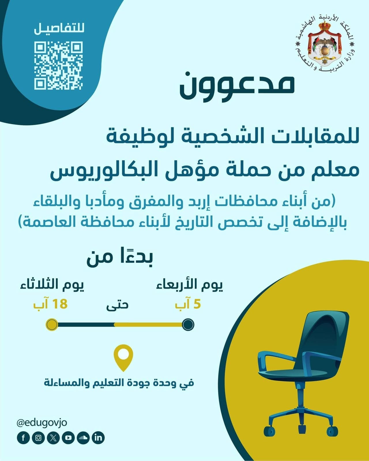 التربية تدعو مرشحين لوظيفة معلم للمقابلات