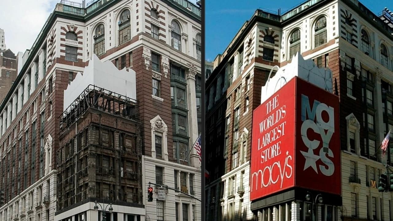 Macy's billboard taken down reveals boarded-up building