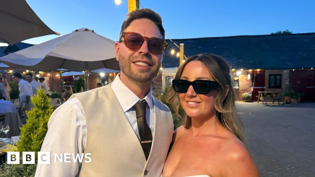 Couple Watches England World Cup Game at Dorset Wedding