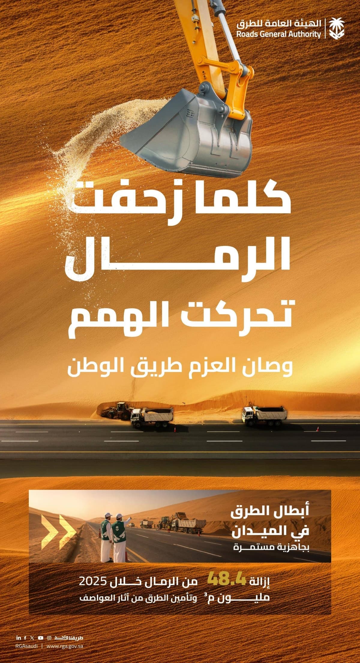 هيئة الطرق تزيل 48.4 مليون م³ من الرمال في 2025 من حرم الطريق