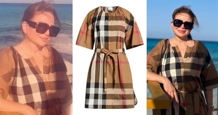 Elham Shaheen in Burberry dress at sea