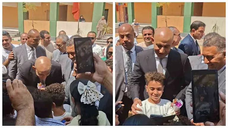 وزير التعليم يمازح طفلًا في افتتاح مدرسة ببنها