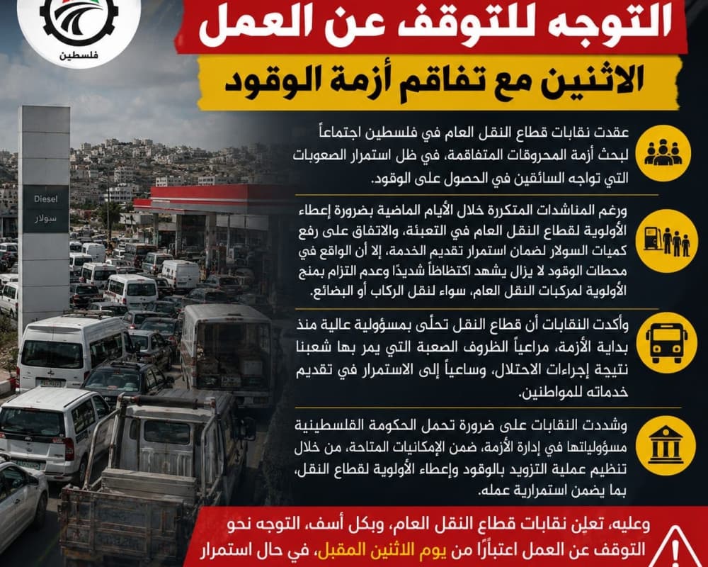 نقابات النقل بفلسطين تهدد بالإضراب مع أزمة الوقود