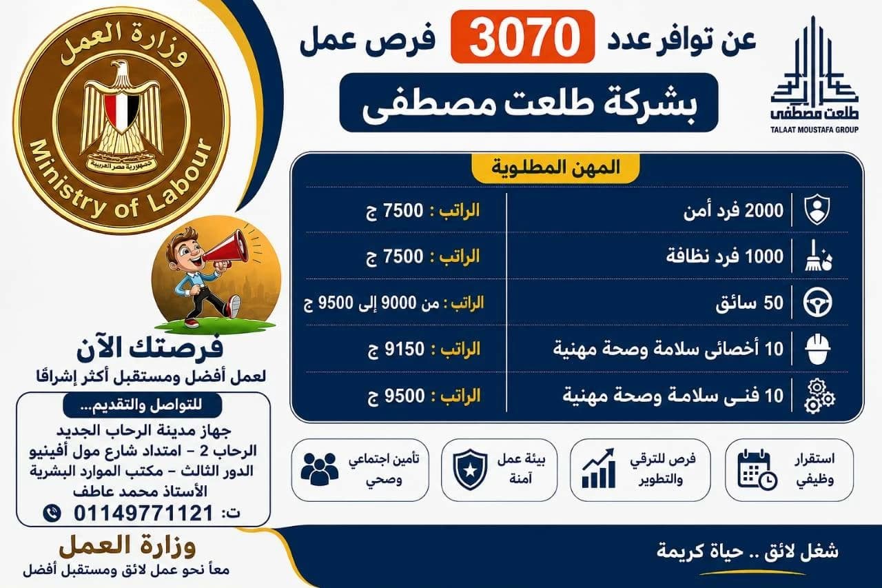 وزارة العمل تعلن عن 3070 وظيفة في شركة كبرى