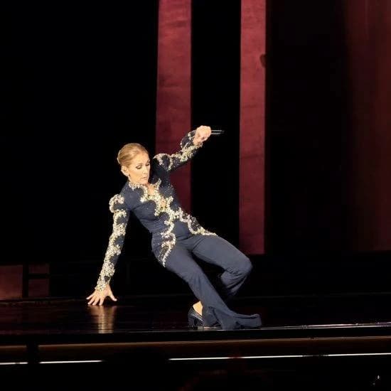 Celine Dion falls on stage in Paris