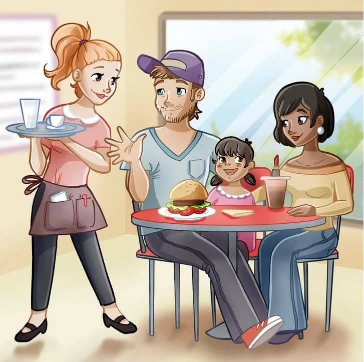 Identify 3 errors in family restaurant photo