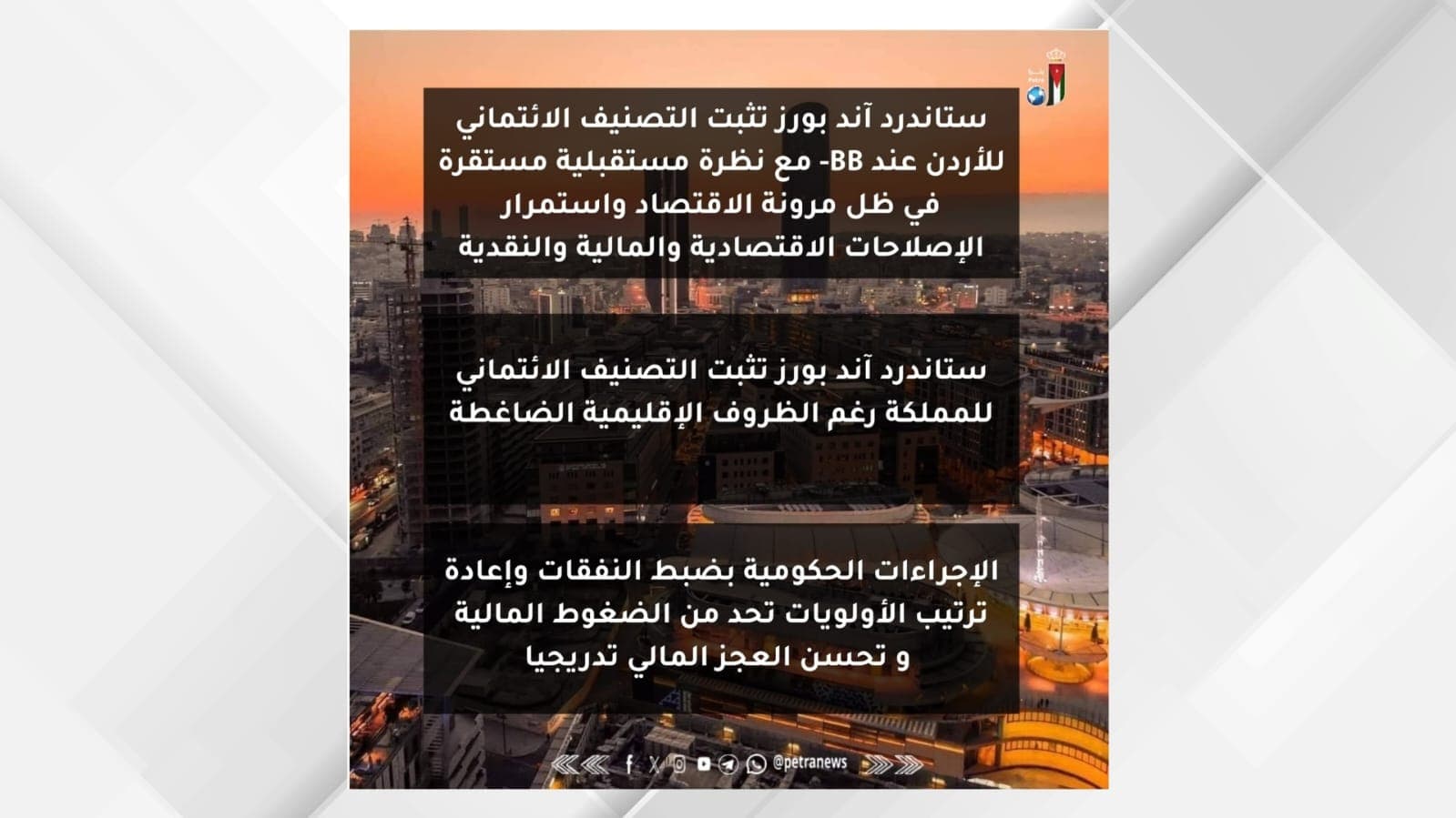 ستاندرد آند بورز تؤكد تصنيف الأردن عند BB-