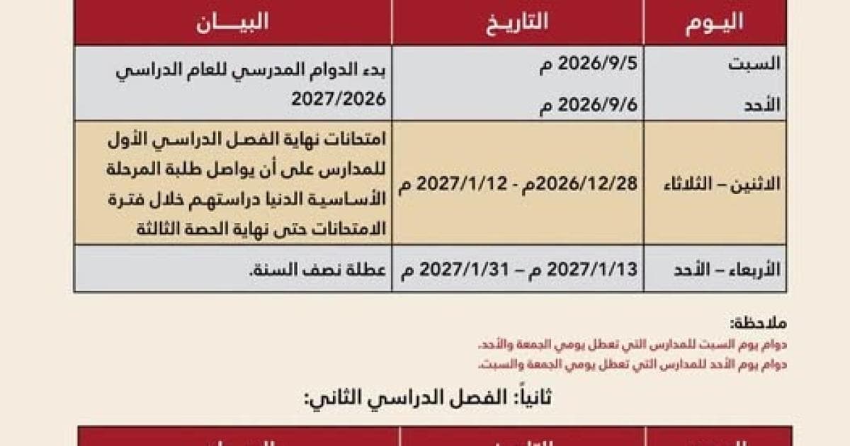 التربية تعلن مواعيد الدوام والامتحانات لعام 2026/2027