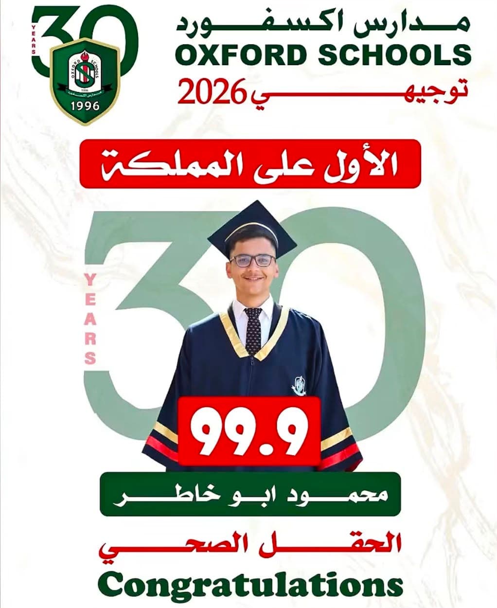 مدارس أكسفورد تكرم محمود أبو خاطر الأول في المجال الصحي