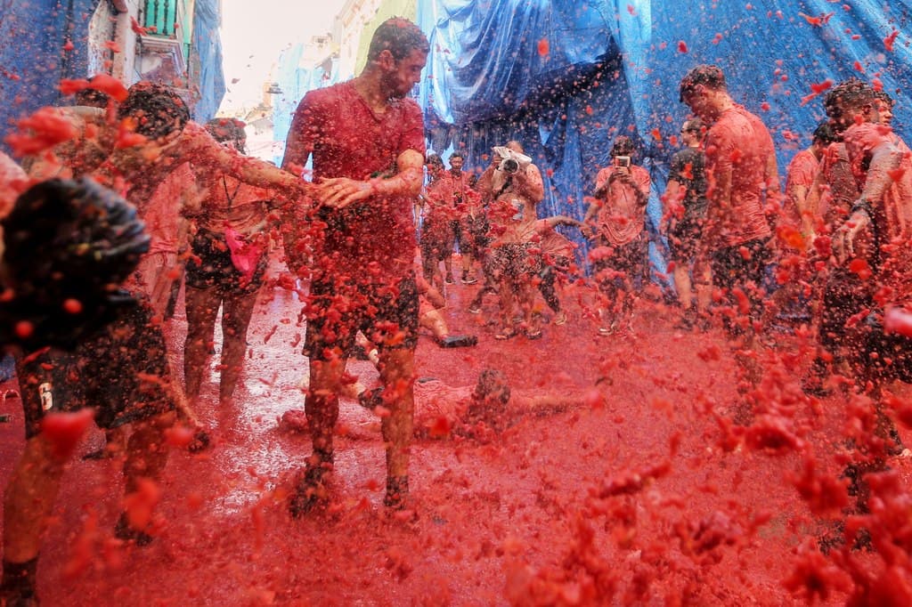 Spanish town turns red in tomato fight