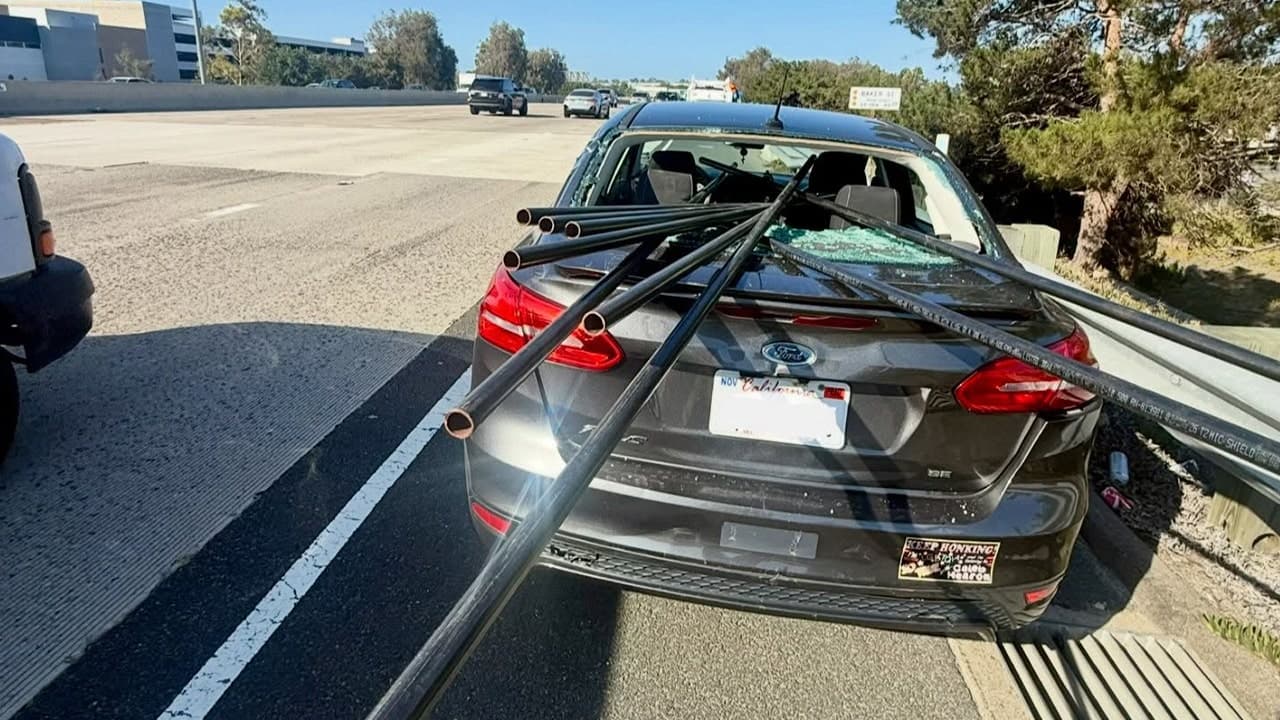 Unsecured metal pipes pierce California car in crash