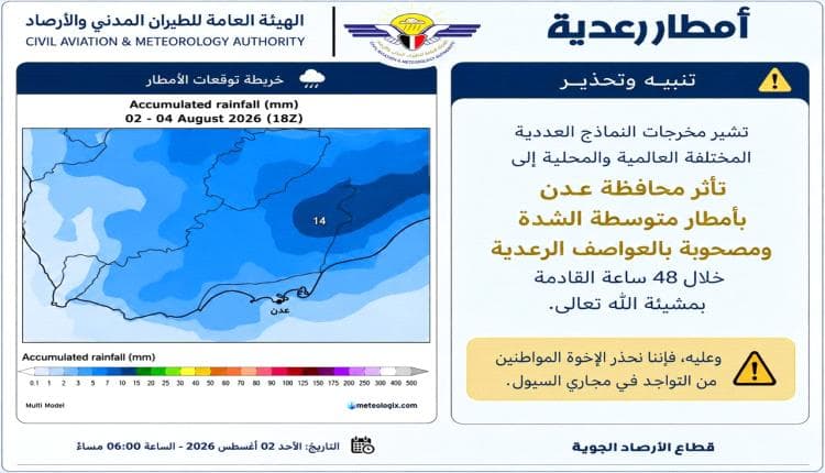 تحذير من أمطار رعدية في عدن