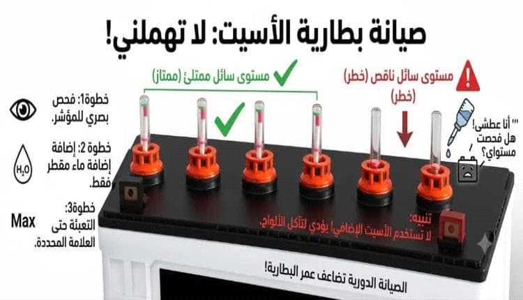 اخبار عدن - تحذير فني: استخدام الماء المقطر فقط لإضافة الأسيت للبطارية