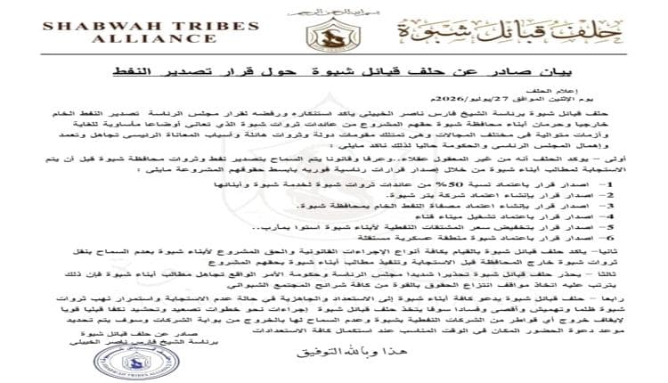 شبوة ترفض قرار تصدير نفط المحافظة