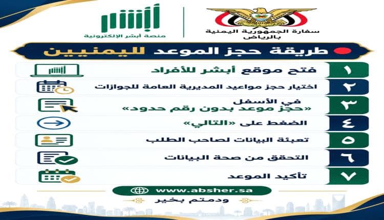 السفارة اليمنية بالرياض توضح خطوات الحجز عبر أبشر