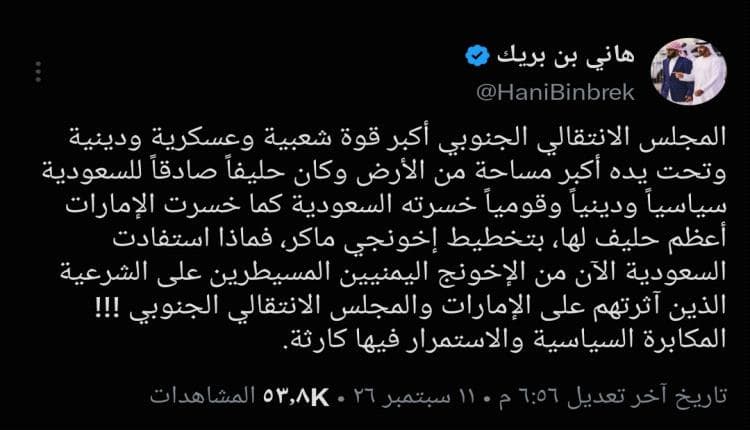 Hani bin Breik: Saudi loses Southern Council