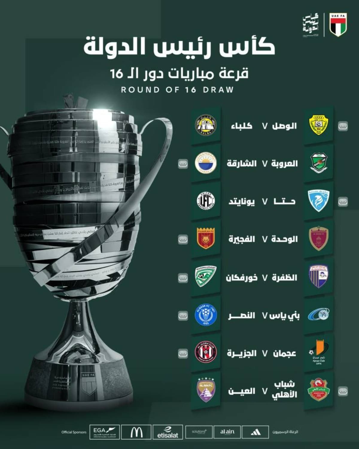 قرعة دور الـ16 لكأس رئيس الدولة تتحدى شباب الأهلي والعين