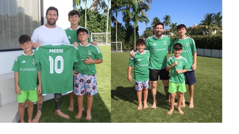 Messi wearing new team jersey with children