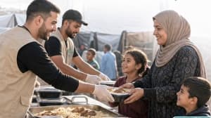 Evening food and water distribution to workshop workers