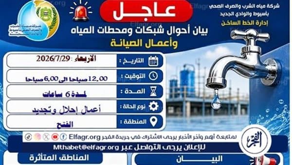 مياه أسيوط تقليل الضغط في بعض المناطق