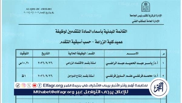جامعة أسيوط تعلن قائمة عميد الزراعة