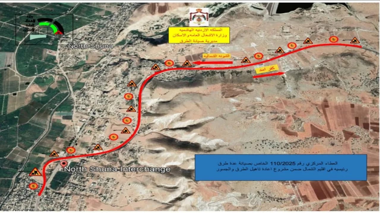 الأشغال تكمل أعمال الصيانة على طريق إربد - الأغوار السبت